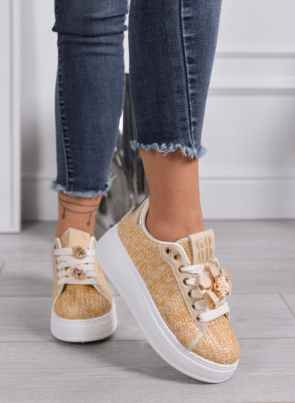 DOROTY - Beige Woven Sneakers with Jewel Flower Appliqués and Platform Sole