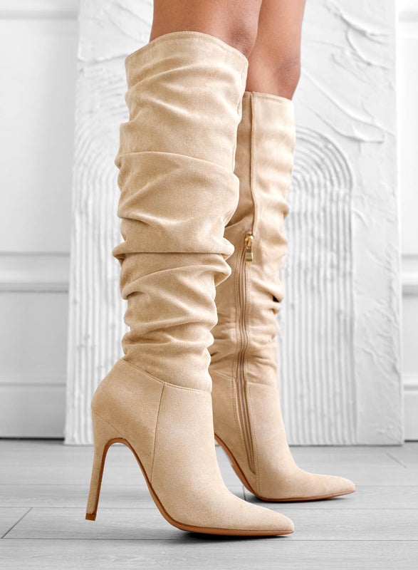 SELENA - Beige Alexoo curled boots with high stiletto heel