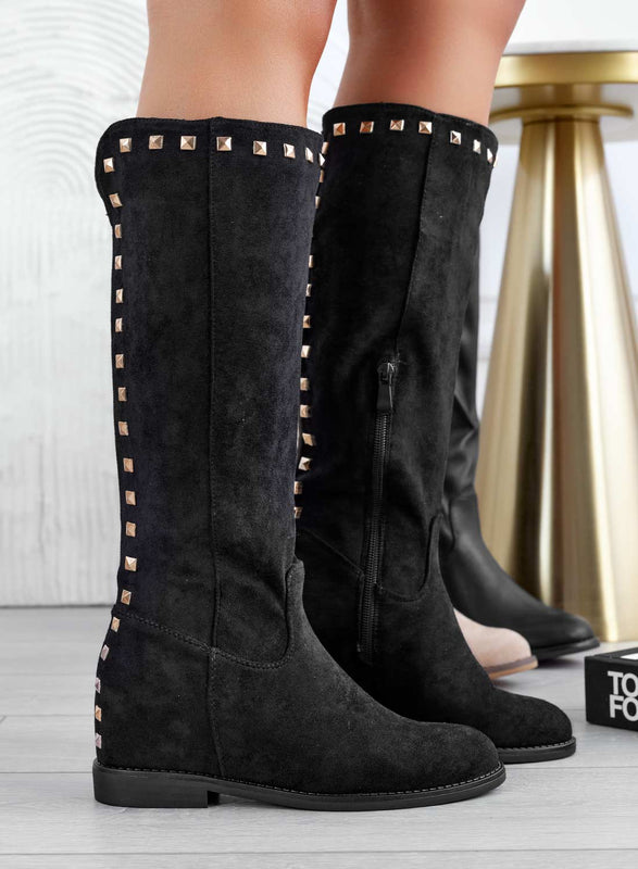 JANINE - Alexoo black suede boots with internal wedge and studs
