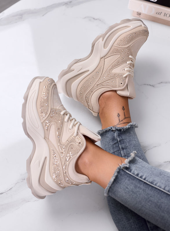 LOREEN - Sneakers beige con Strass e Suola chunky