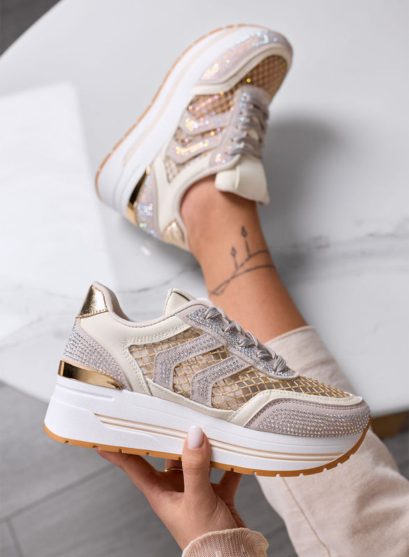 MIRANDA - Beige Platform Sneakers with Mesh Inserts and Rhinestones