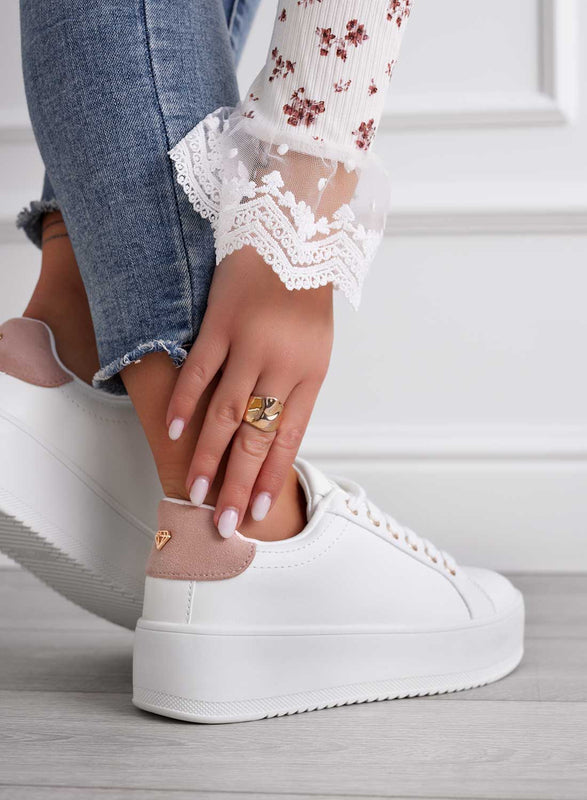 CARRY - White sneakers with gold trim and pink back