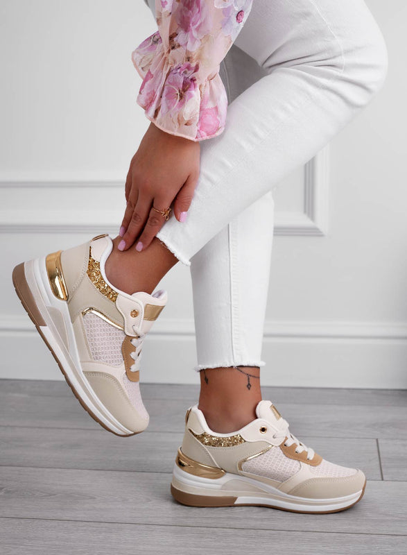 RIVET - Beige sneakers with gold glitter inserts