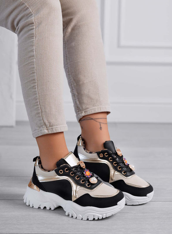 ADAMS - Women's black sneakers with thick sole and gold jewelry details
