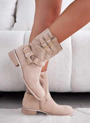Beige perforated ankle boots with gold buckles