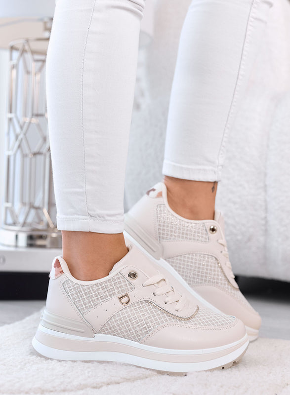 AGATA - Baskets plateforme beige avec détails en tissu laminé