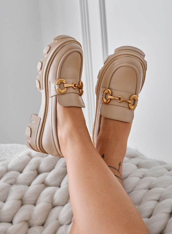 AGNESE - Beige loafers with gold buckle