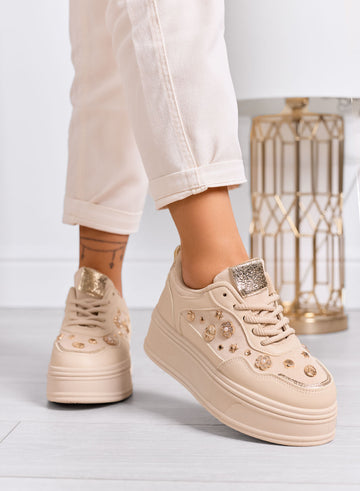 AIDA - Beige platform sneakers with gold decorations