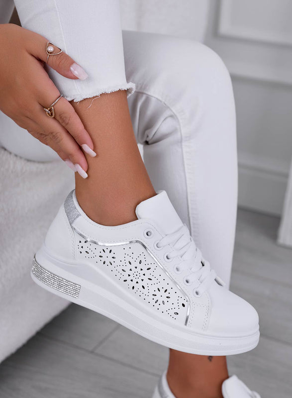 ALBA - White perforated sneakers with silver glitter