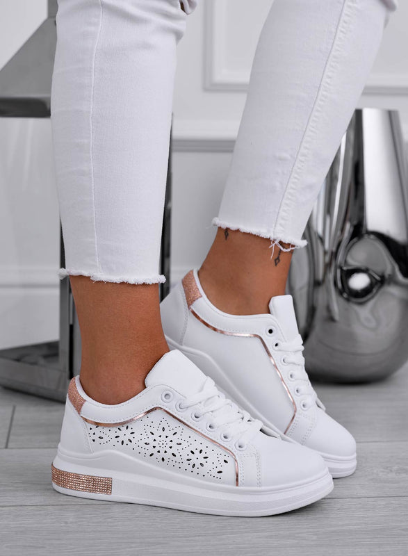 ALBA - White perforated sneakers with rose gold glitter