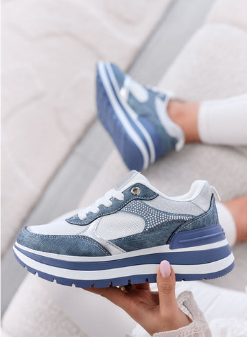 ALBA - Sneakers Blu Denim con Strass e Suola Platform
