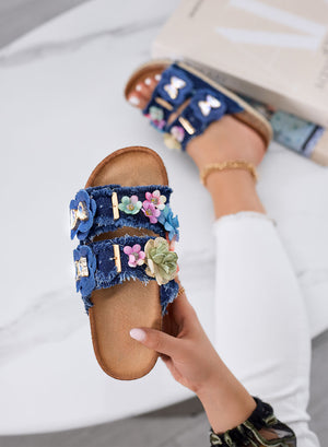 ALIBY – Blue denim sandals with colorful flowers and jewel details on cork sole