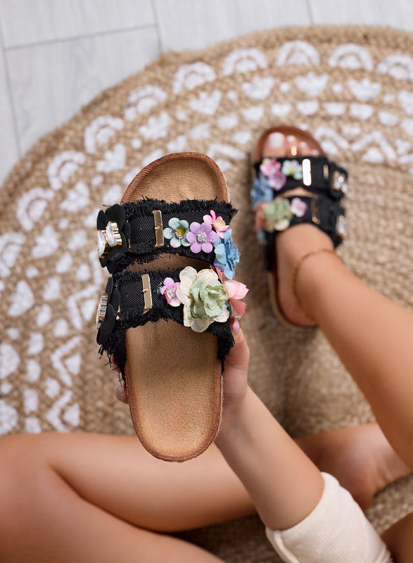 ALIBY - Black slide sandals with colorful flowers and jeweled details on a cork sole
