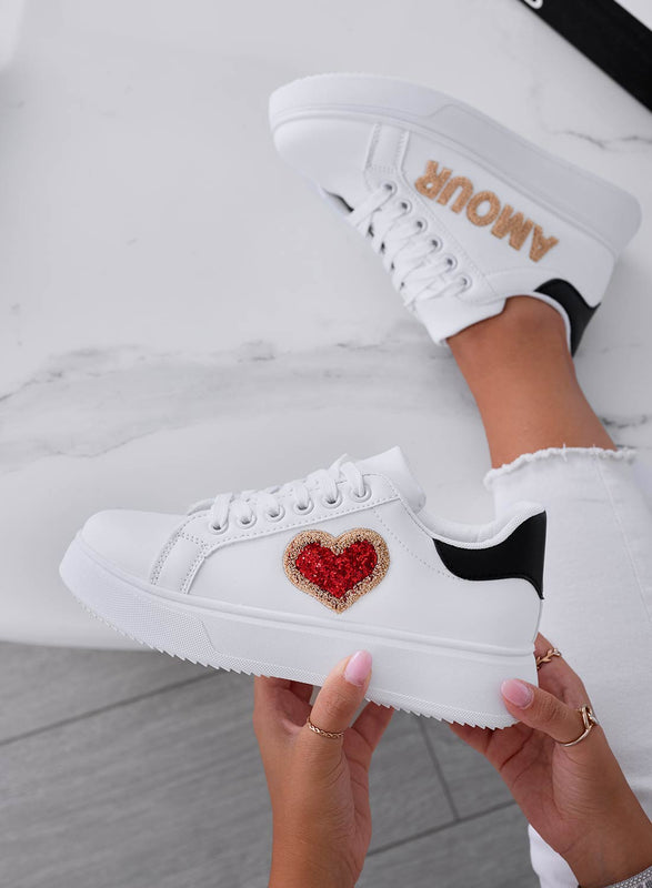 AMOUR - White sneakers with red glitter heart