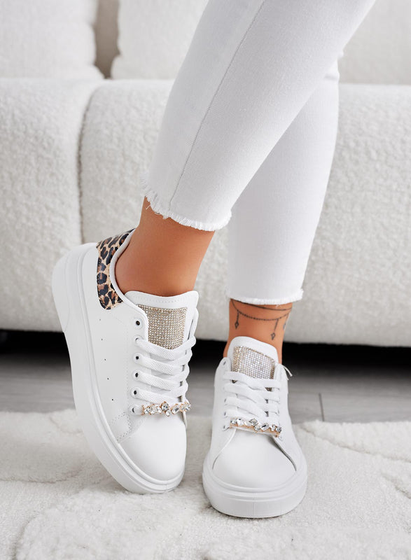 ANDREINA - White sneakers with jewel application and leopard-print back