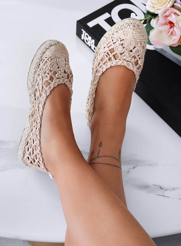 ANDY - Beige embroidered ballet flats with ankle strap