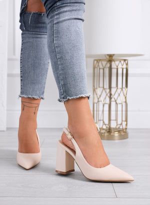 ANGELICA – Beige pointed slingback pumps with block heel