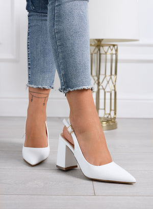 ANGELICA – White pointed slingback pumps with block heel