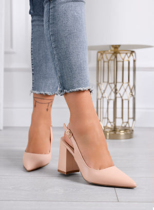 ANGELICA – Nude pointed slingback pumps with block heel