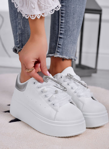ANGY - White platform sneakers with gray organza laces and jeweled brooch