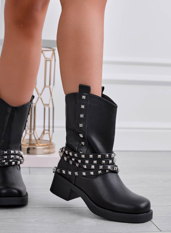 ANNABEL - Black ankle boots with strap and studs