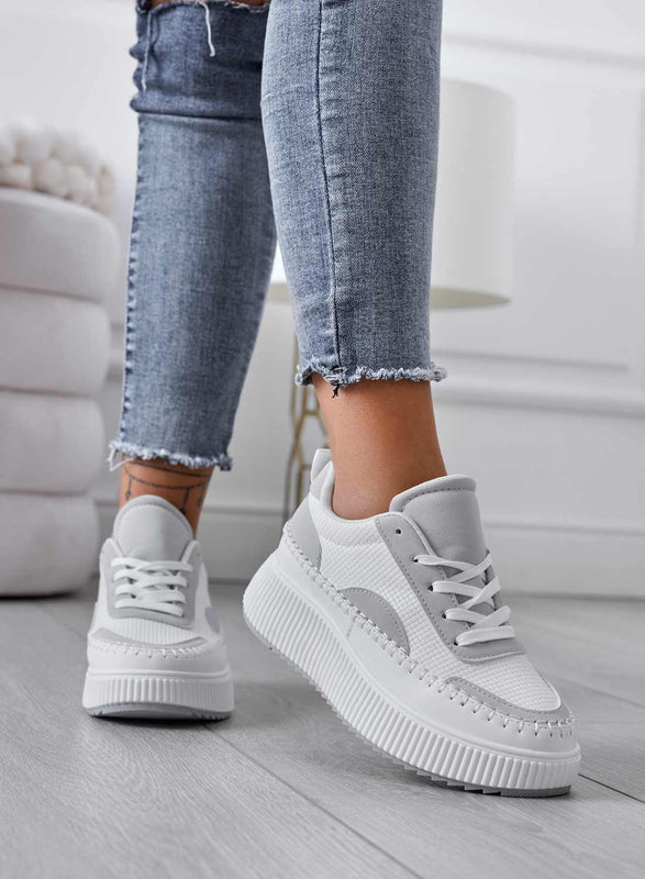 ANNACHIARA - White sneakers with gray fabric inserts and wedge