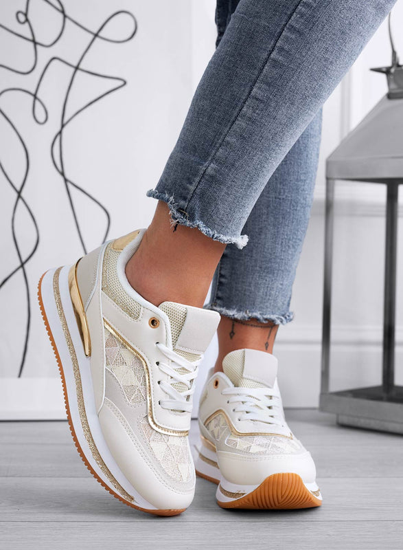 Beige sneakers with gold glitter inserts