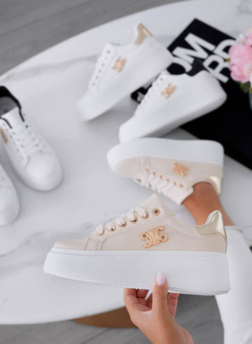 ANNARITA - Beige sneakers with gold heel and detail