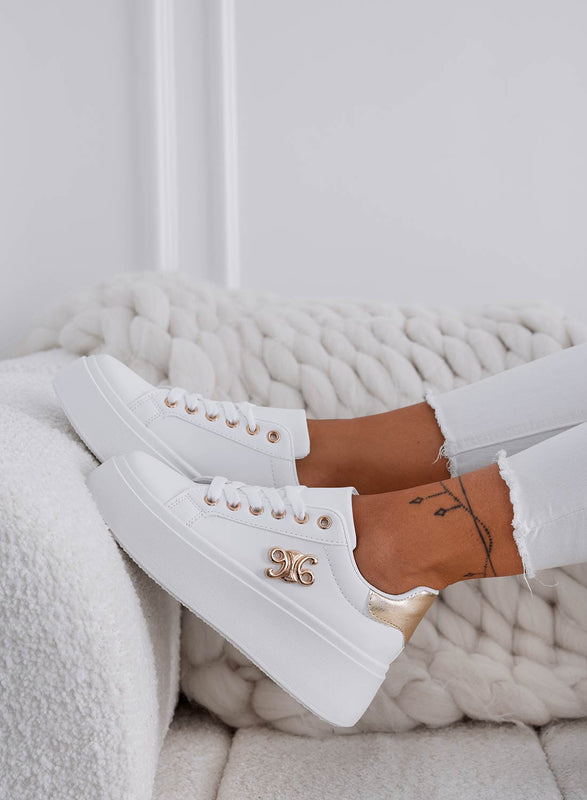 ANNARITA - White sneakers with a gold back and gold appliqué