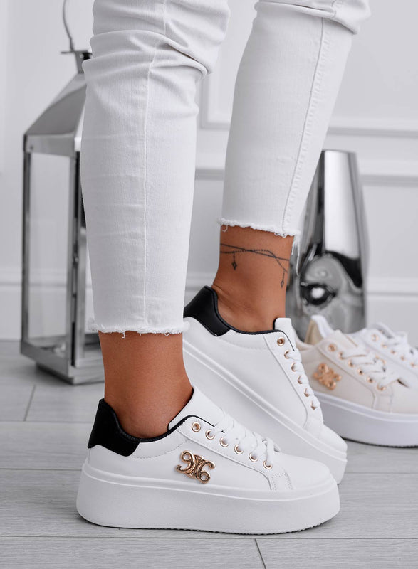 ANNARITA - White sneakers with a black back and gold appliqué