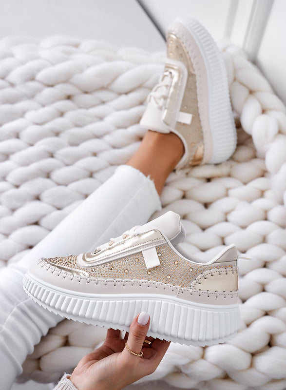 ANTONELLA - Beige sneakers with gold inserts and rhinestones