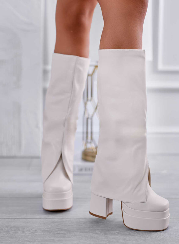 APRIL - Beige boots with a high heel and folded cuff