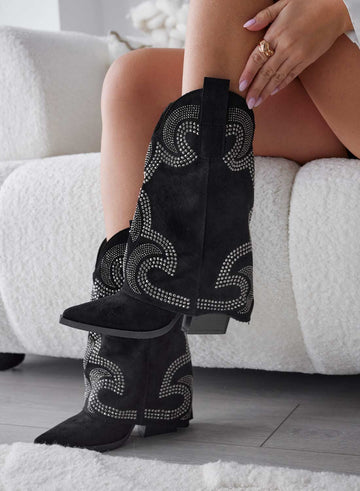 ARAGON - Black suede camper ankle boots with rhinestones