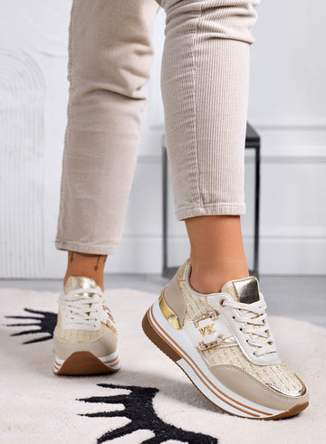 ASIA - Beige sneakers with gold laminated fabric inserts