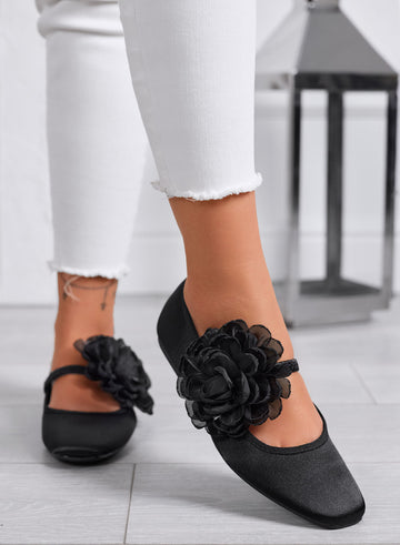ATHENA - Elegant Black Satin Ballet Flats with Decorative Flower
