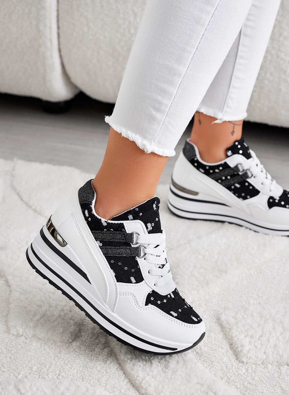 AVERY - White sneakers with wedge and black denim inserts