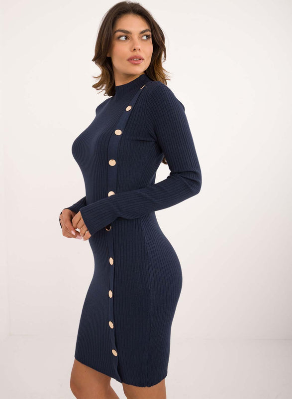 Blue ribbed dress with gold buttons