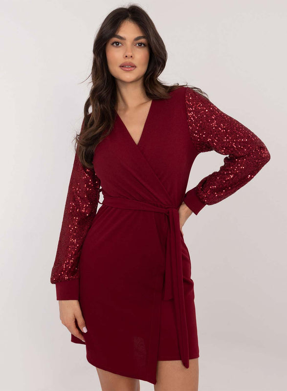 Burgundy dress with sequin sleeves