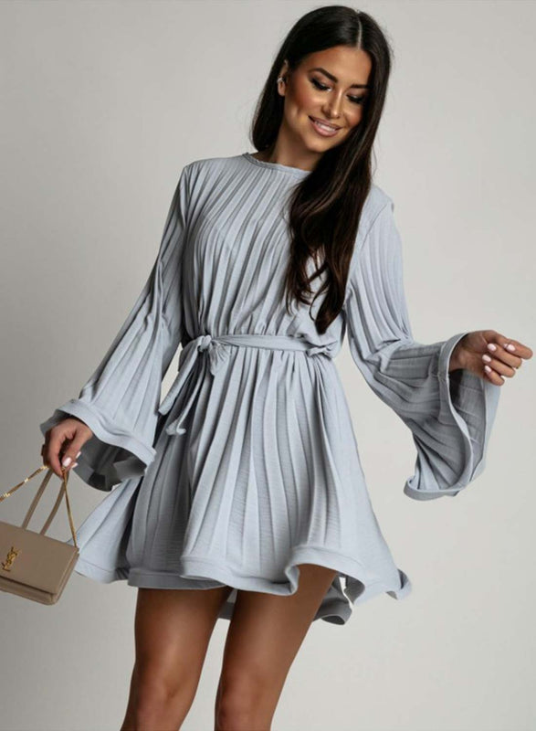 Grey pleated dress with a waist tie