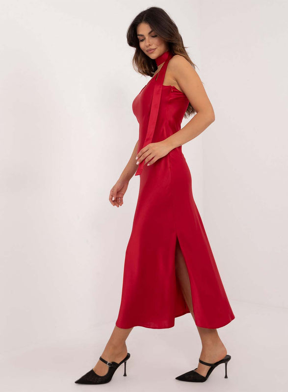 Red satin long dress with a slit and belt