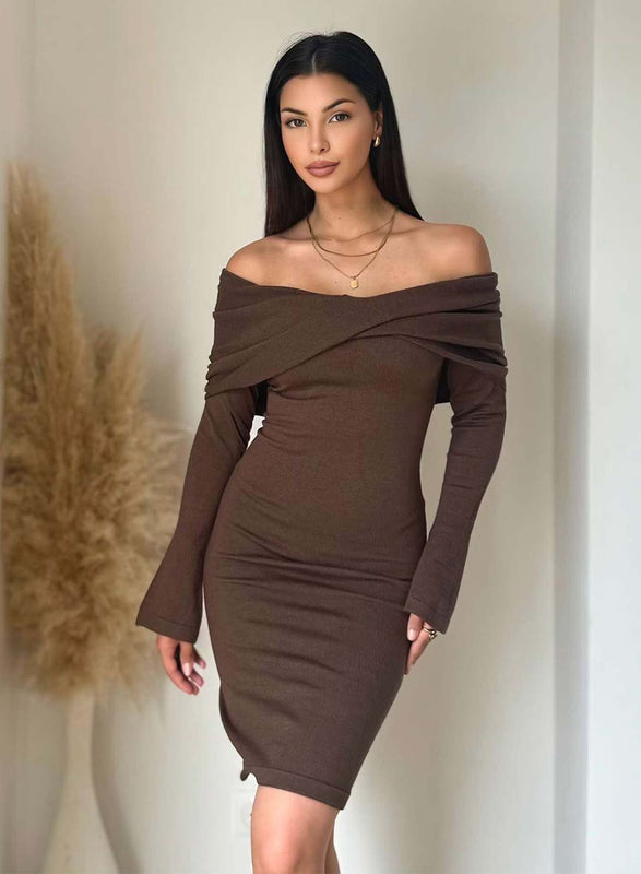 Brown knitted dress with a boat neckline