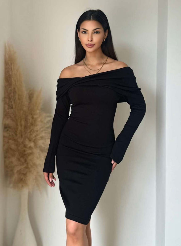 Black knit dress with a boat neckline