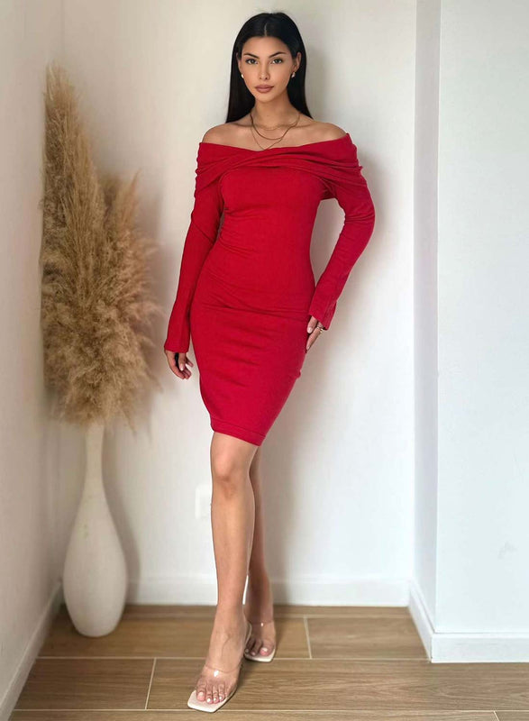 Red knitted dress with a boat neckline