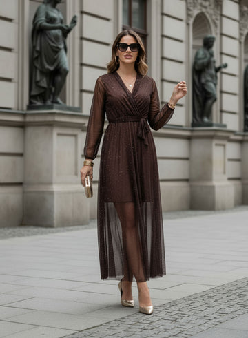 Brown long dress in sheer fabric with glitter