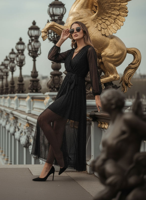 Long black dress in sheer fabric with glitter