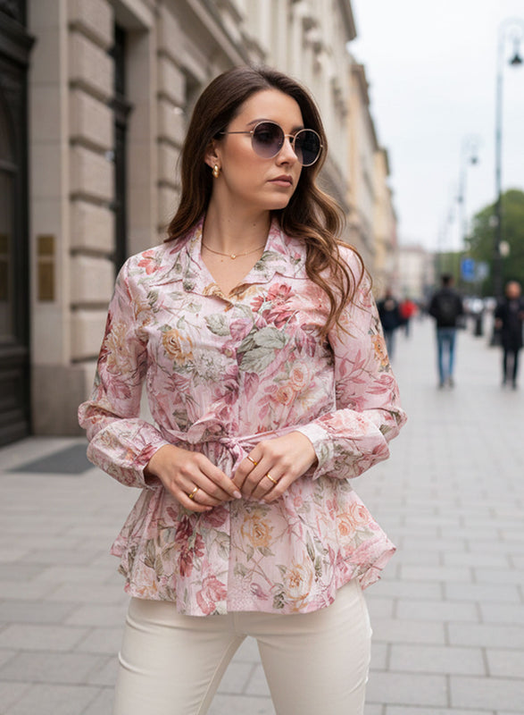 Camicia rosa Floreale con Cintura in Vita e Balze