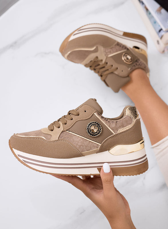 BAHIA - Baskets taupe avec ornement bijou et semelle plateforme