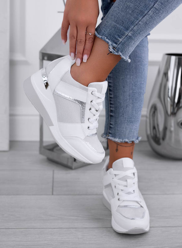 BARAN - White sneakers with silver glitter inserts and wedge