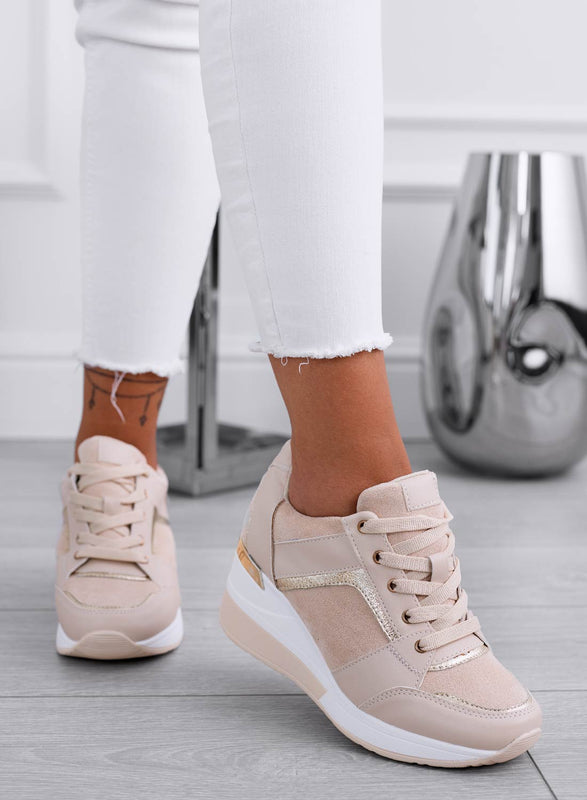 BARAN - Beige sneakers with fabric inserts and wedge