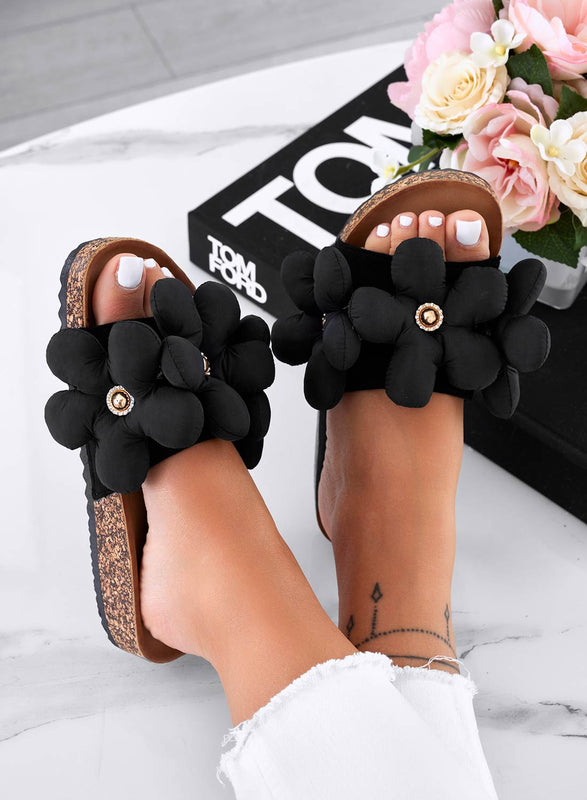 BARBARA - Black slipper sandals with soft flowers